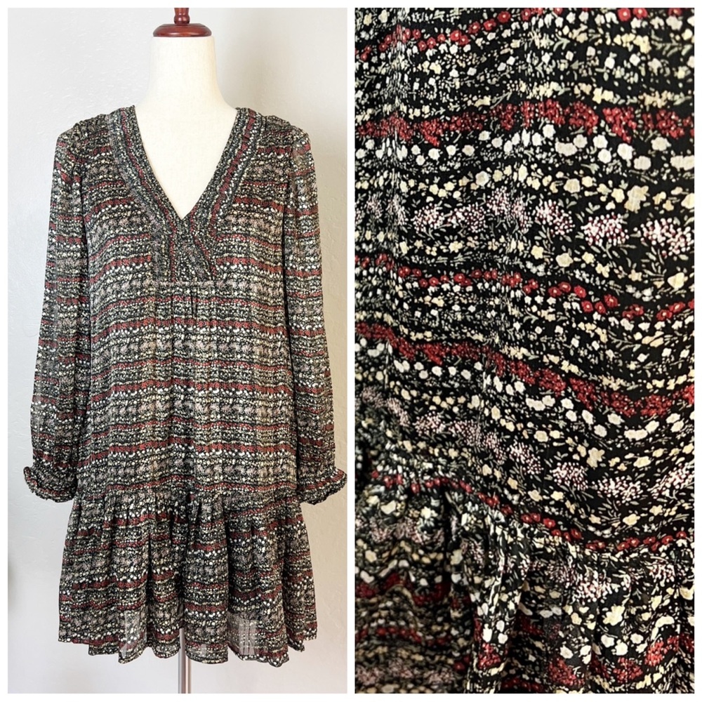 •RESET• Long‎ Sleeve A-Line Mini Dress in Black Gold Metallic Floral Size Small